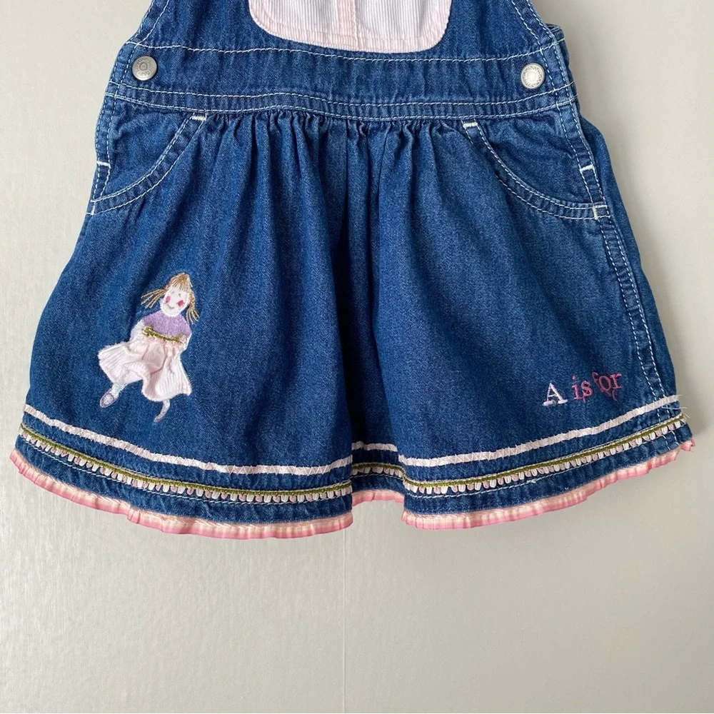Vintage Y2K GAP Embroidered Tea Party Cotton Denim Overall Dress 0-3M